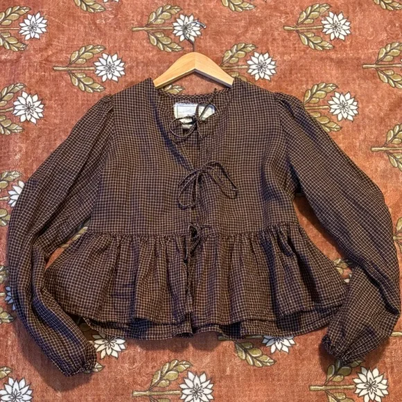 notPERFECTlinen Lourdes Top Chocolate Check S/M Women's Top - Picture 2 of 7